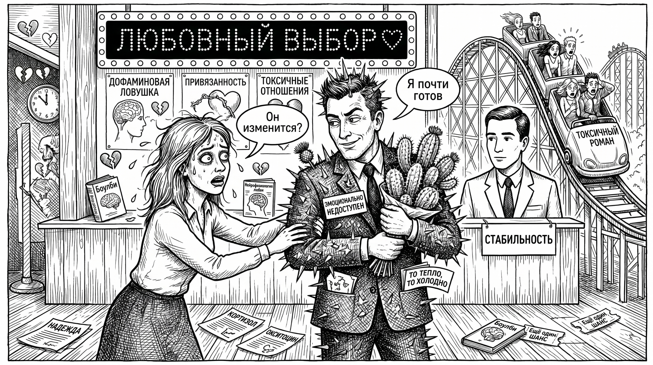 Женщина тянется к колючему мужчине на ярмарке партнёров, тема — почему выбираем тех кто делает больно