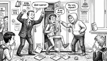 Школьник вжимается в шкафчик перед буллером, пока взрослый кричит «Дай сдачи» — тема буллинга и беспомощности