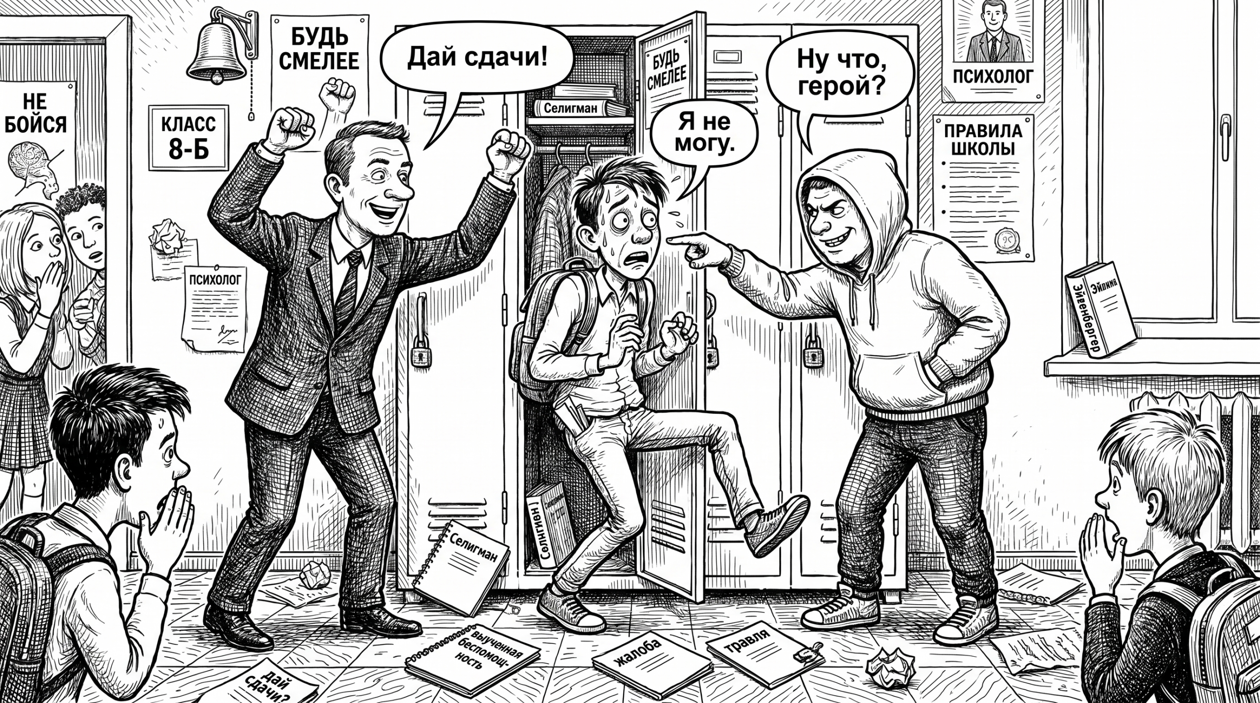 Школьник вжимается в шкафчик перед буллером, пока взрослый кричит «Дай сдачи» — тема буллинга и беспомощности