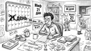Карикатура с человеком у календаря 21 и 66 дней, иллюстрация темы привычки 21 день миф