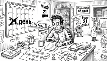 Карикатура с человеком у календаря 21 и 66 дней, иллюстрация темы привычки 21 день миф