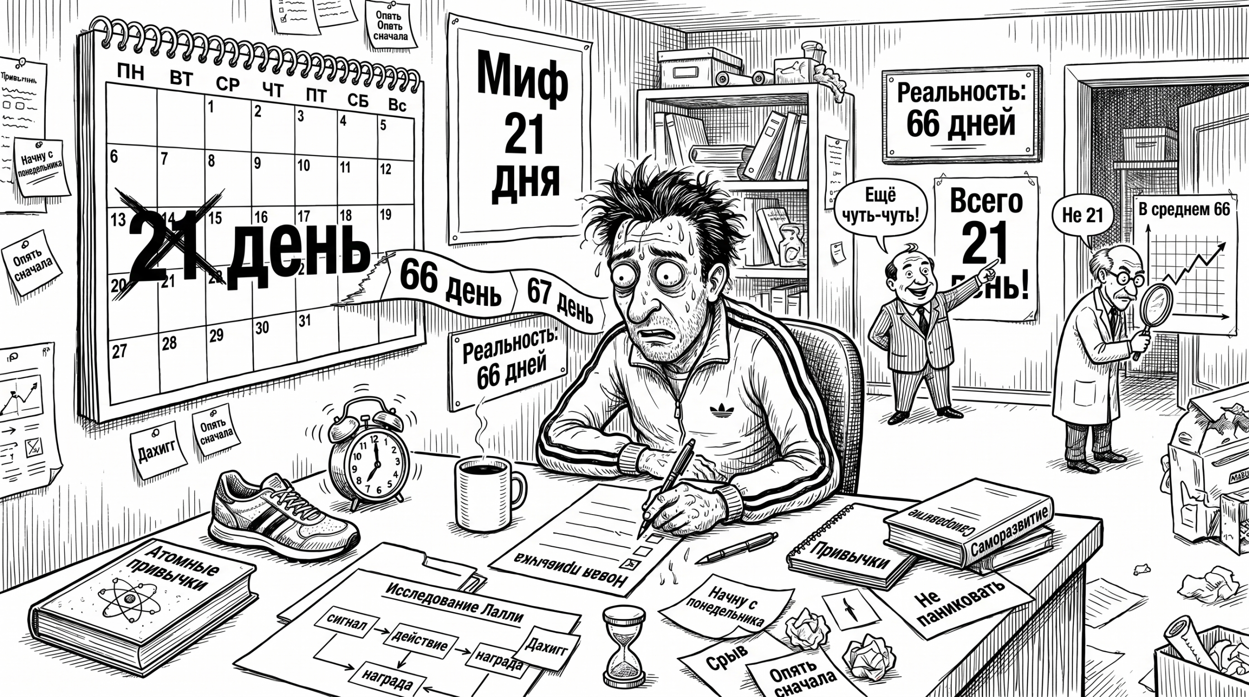 Карикатура с человеком у календаря 21 и 66 дней, иллюстрация темы привычки 21 день миф