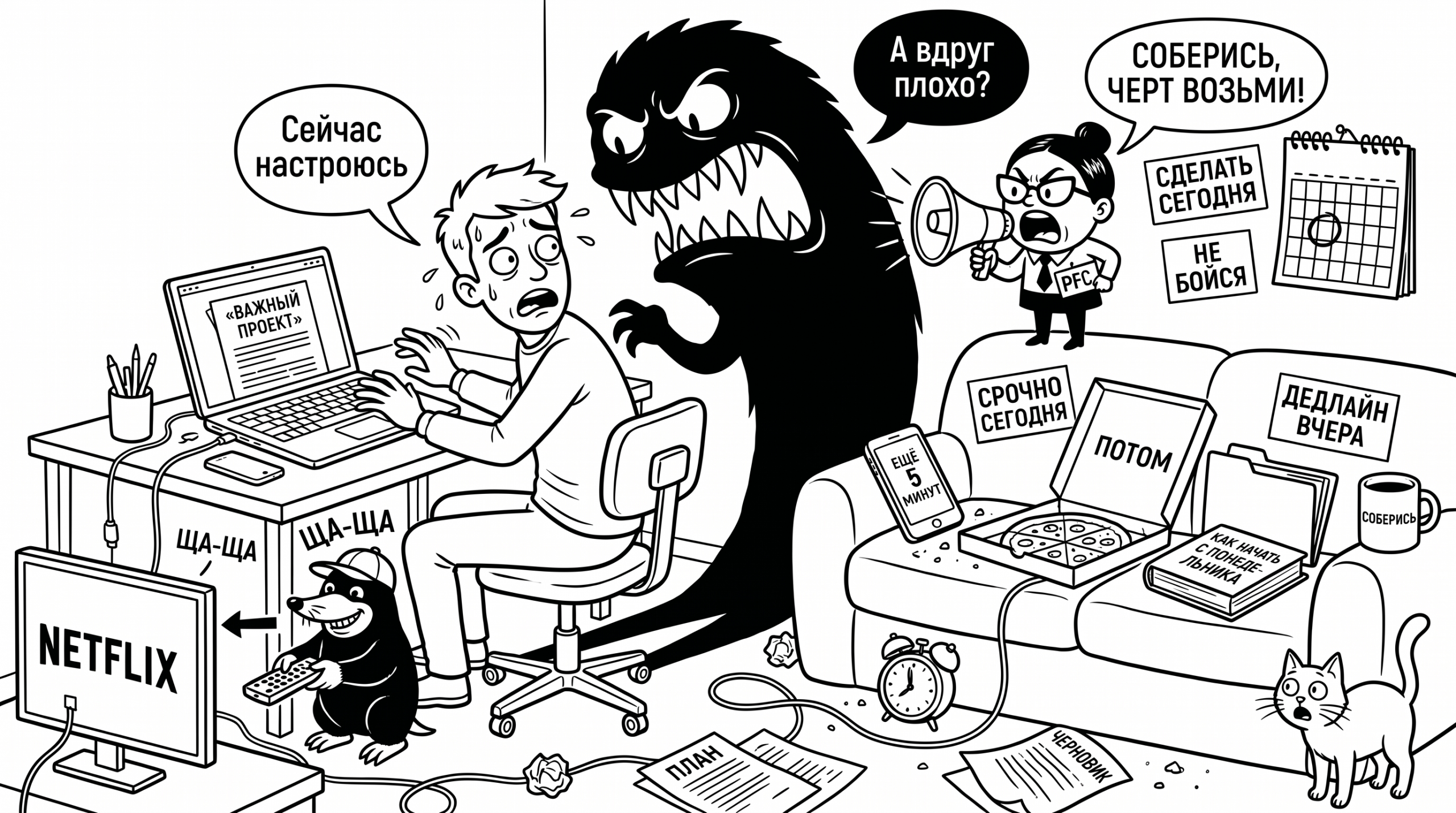 Мужчина откладывает важную работу, пока страх и крот «ЩА-ЩА» тянут его к отвлечениям — тема прокрастинации