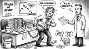 Мужчина тащит камень «обида», врач предлагает «прощение», карикатура о снижении стресса и кортизола