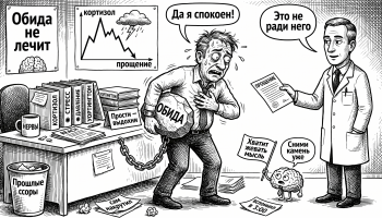 Мужчина тащит камень «обида», врач предлагает «прощение», карикатура о снижении стресса и кортизола