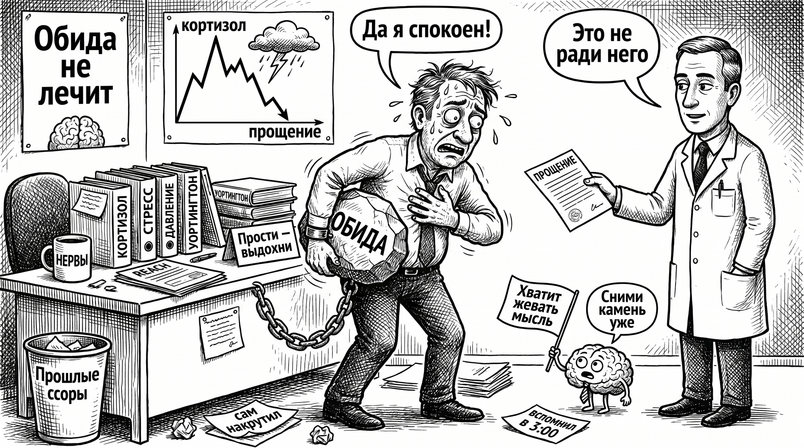 Мужчина тащит камень «обида», врач предлагает «прощение», карикатура о снижении стресса и кортизола