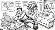 Чёрно-белая карикатура: мужчина хочет работать, но мозг экономит энергию и тянет его в лень