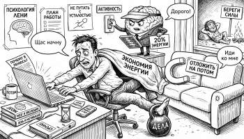 Чёрно-белая карикатура: мужчина хочет работать, но мозг экономит энергию и тянет его в лень