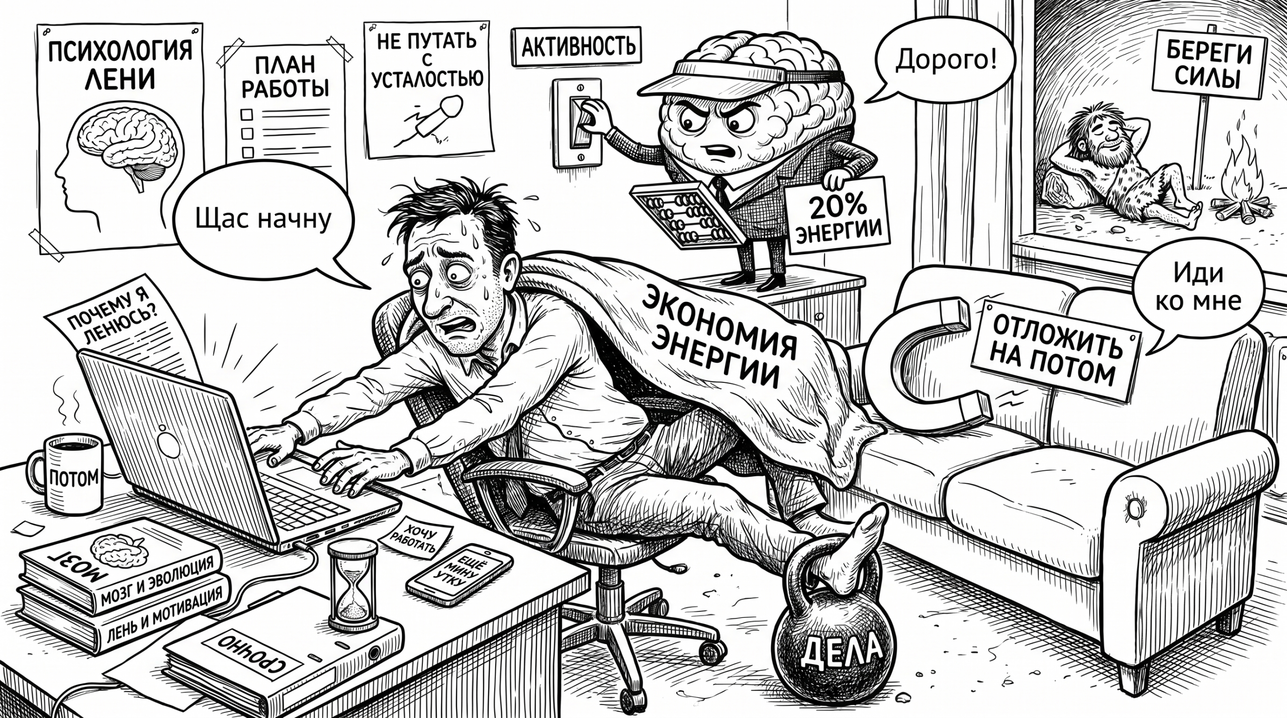 Чёрно-белая карикатура: мужчина хочет работать, но мозг экономит энергию и тянет его в лень