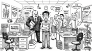 Карикатурный офис с начальником, шепчущимися коллегами и испуганным новичком, тема — токсичный коллектив