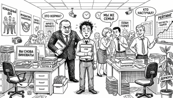 Карикатурный офис с начальником, шепчущимися коллегами и испуганным новичком, тема — токсичный коллектив