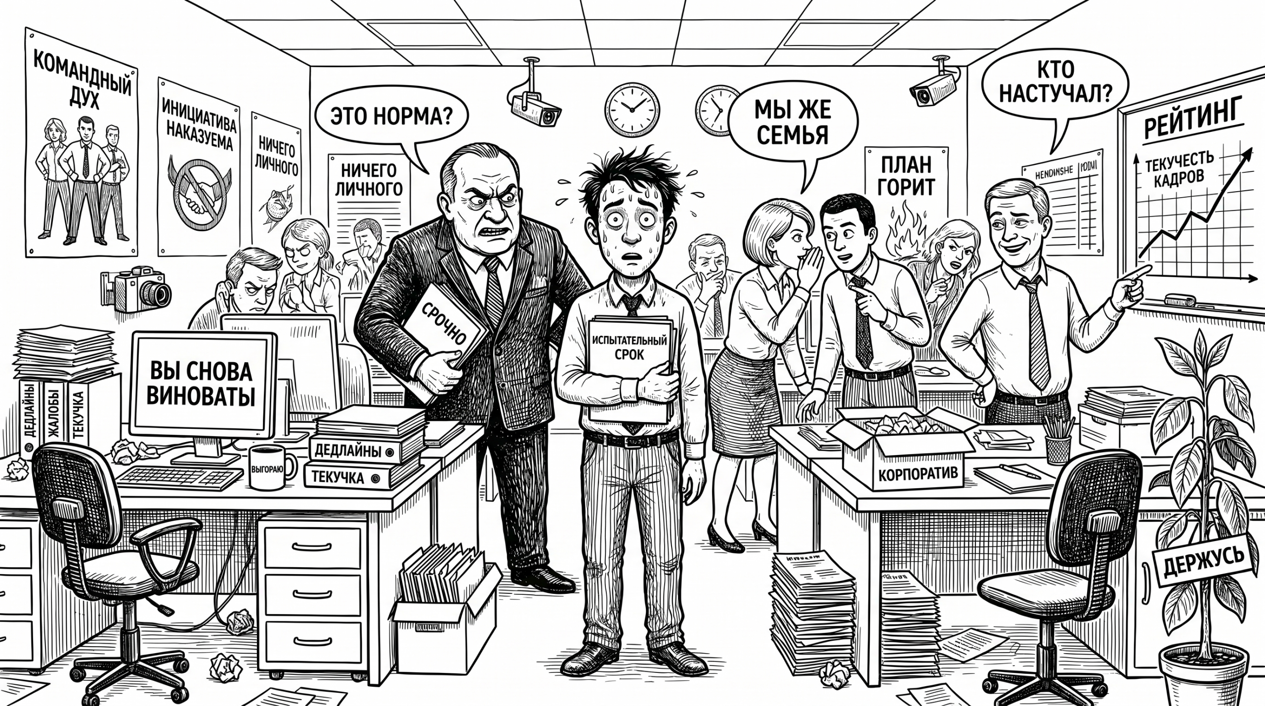 Карикатурный офис с начальником, шепчущимися коллегами и испуганным новичком, тема — токсичный коллектив