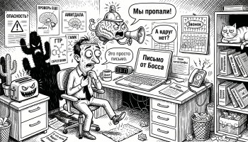 Чёрно-белая карикатура: человек в панике за ноутбуком, а мозг поднимает ложную тревогу