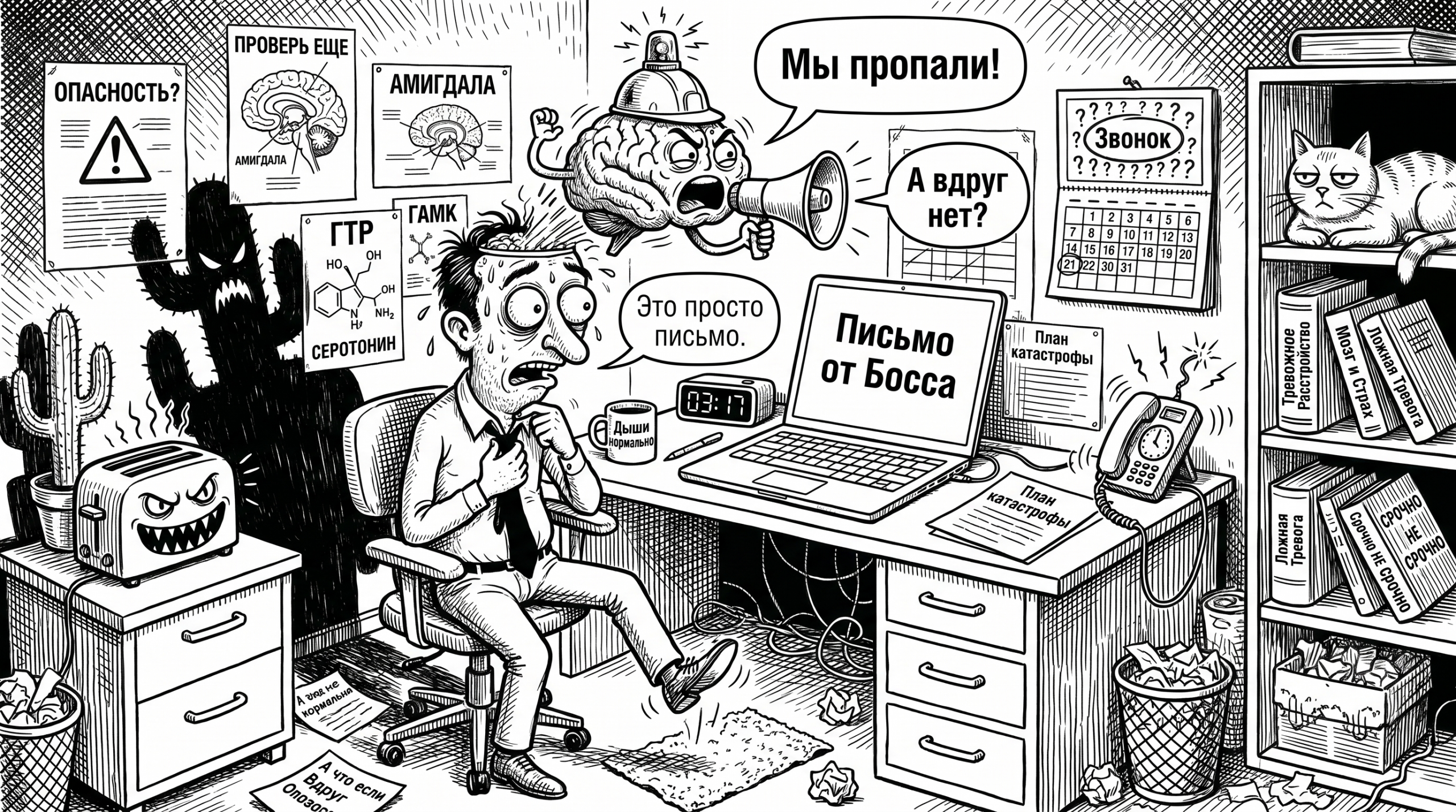 Чёрно-белая карикатура: человек в панике за ноутбуком, а мозг поднимает ложную тревогу