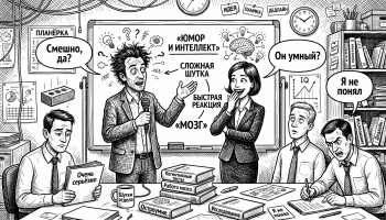 Офисная карикатура о том, почему смешные люди кажутся умнее: шутник, коллеги, доска про мозг и юмор
