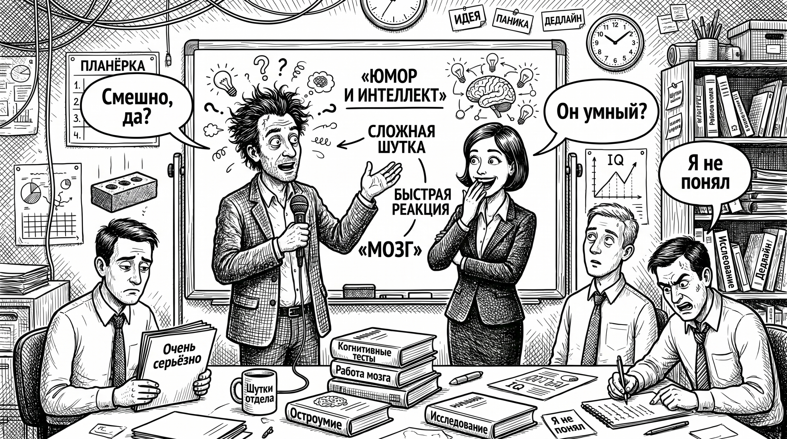 Офисная карикатура о том, почему смешные люди кажутся умнее: шутник, коллеги, доска про мозг и юмор
