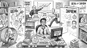 Офисный сотрудник мечется между дверями «Цель» и «Зачем», иллюстрация о мотивации и смысле