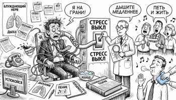 Карикатура: человек в стрессе, врач и огромный блуждающий нерв как рубильник успокоения