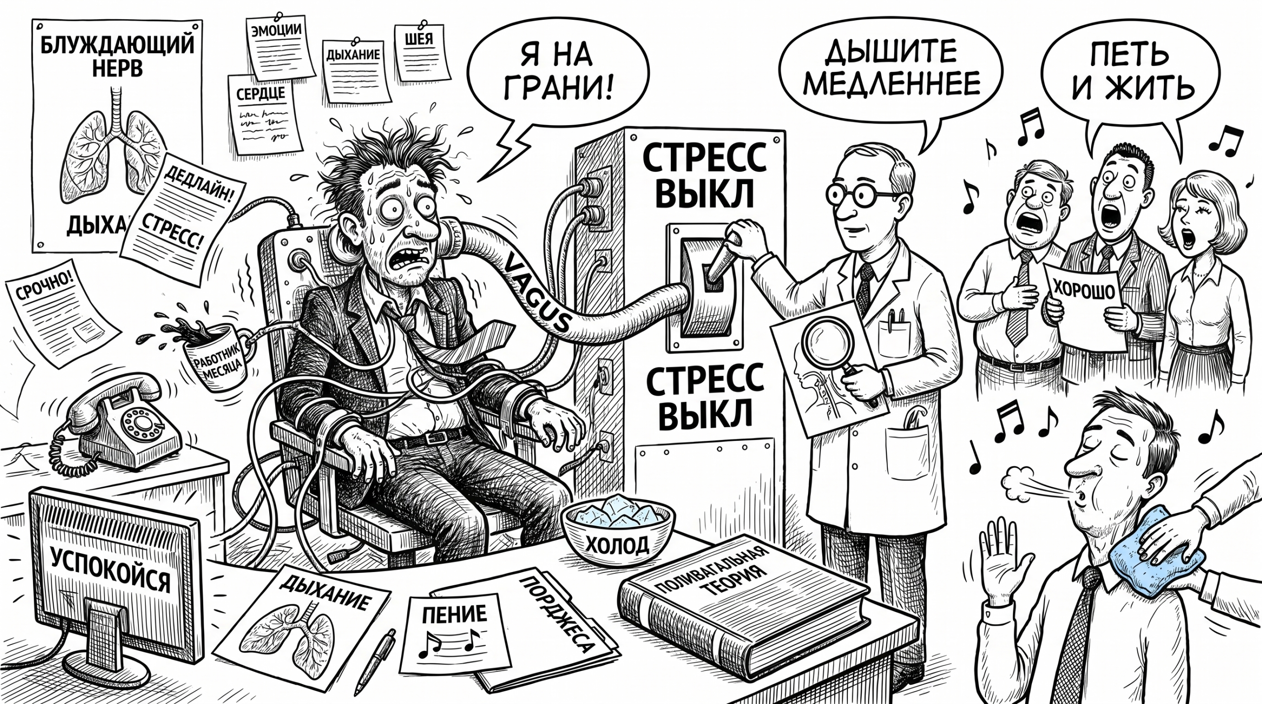 Карикатура: человек в стрессе, врач и огромный блуждающий нерв как рубильник успокоения