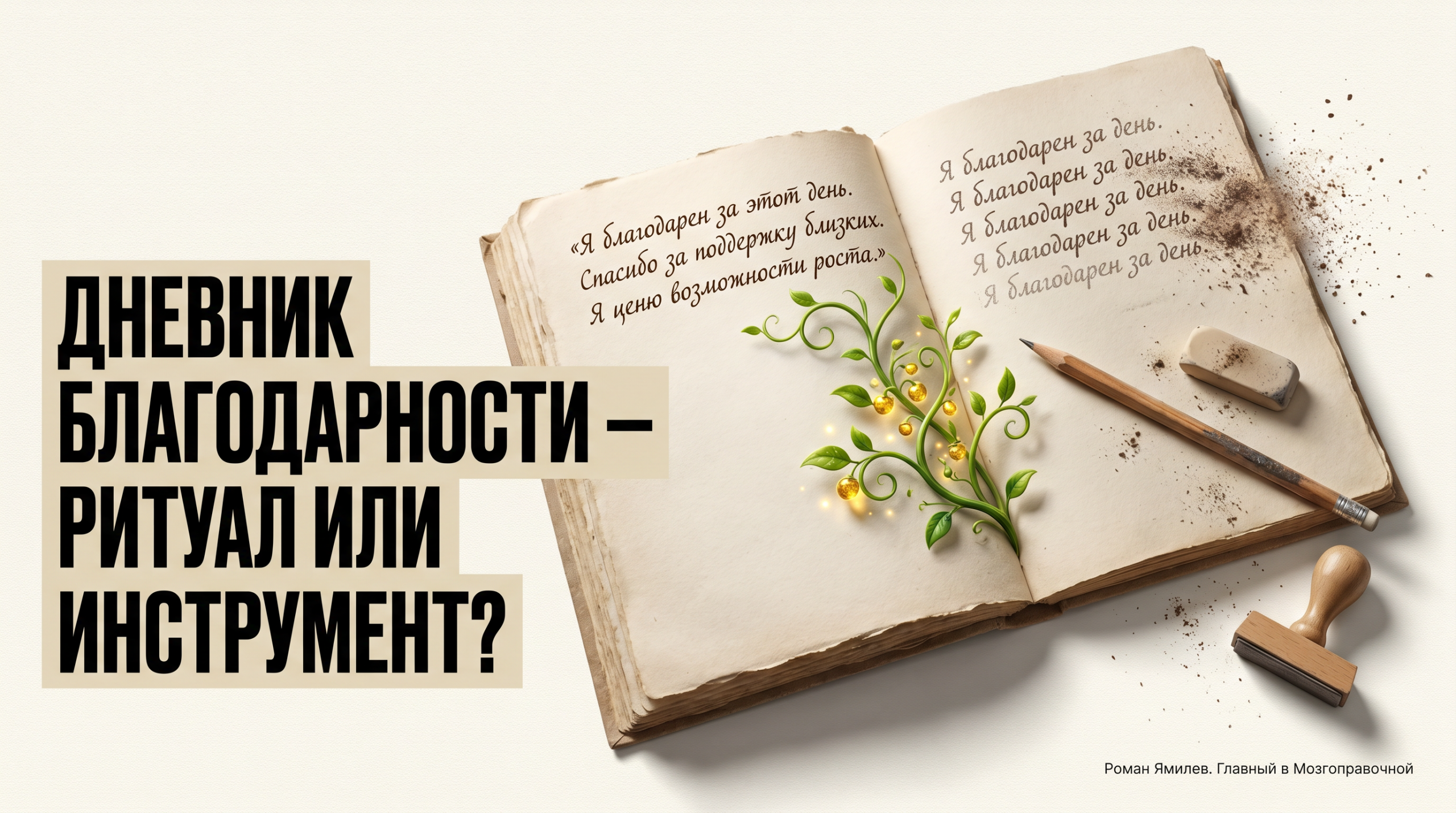 Раскрытый дневник, где одни записи прорастают, а другие осыпаются: тема дневника благодарности