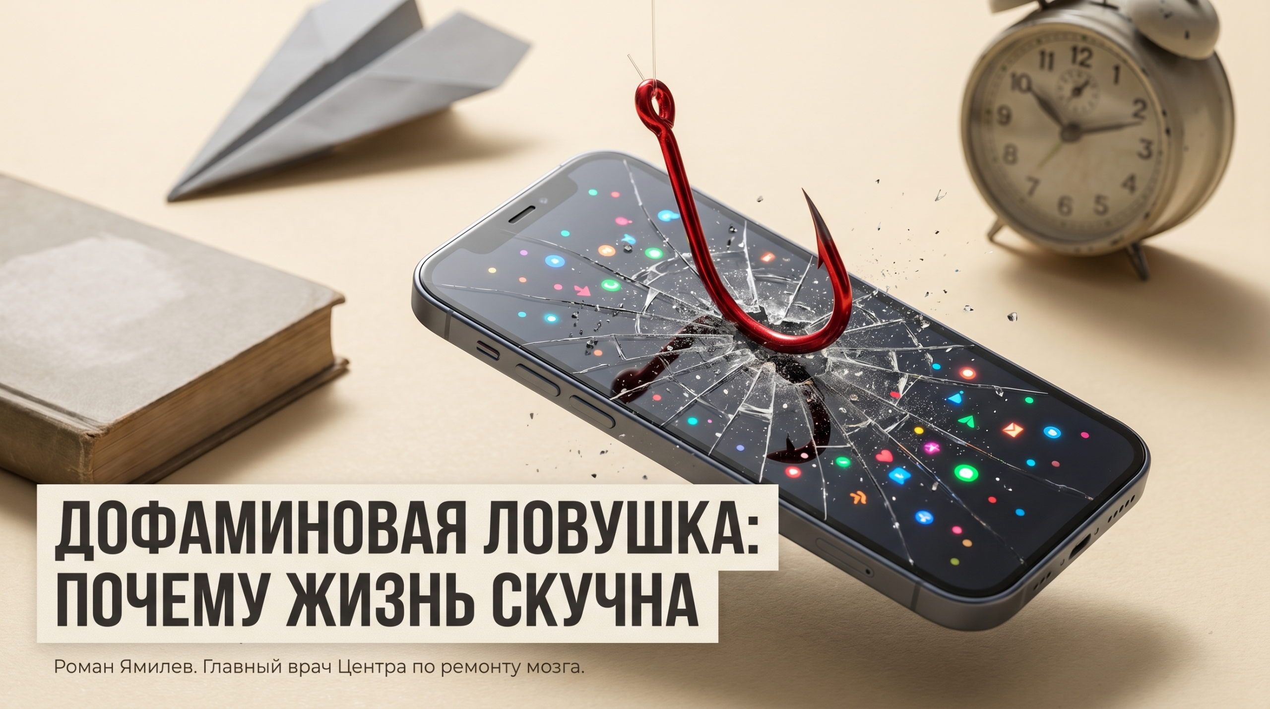 Смартфон на рыболовном крючке как метафора дофаминовой ловушки и скуки в жизни