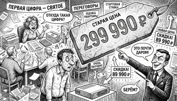 Карикатура о том, как эффект якоря заставляет верить в выгодность второй цены после завышенной первой