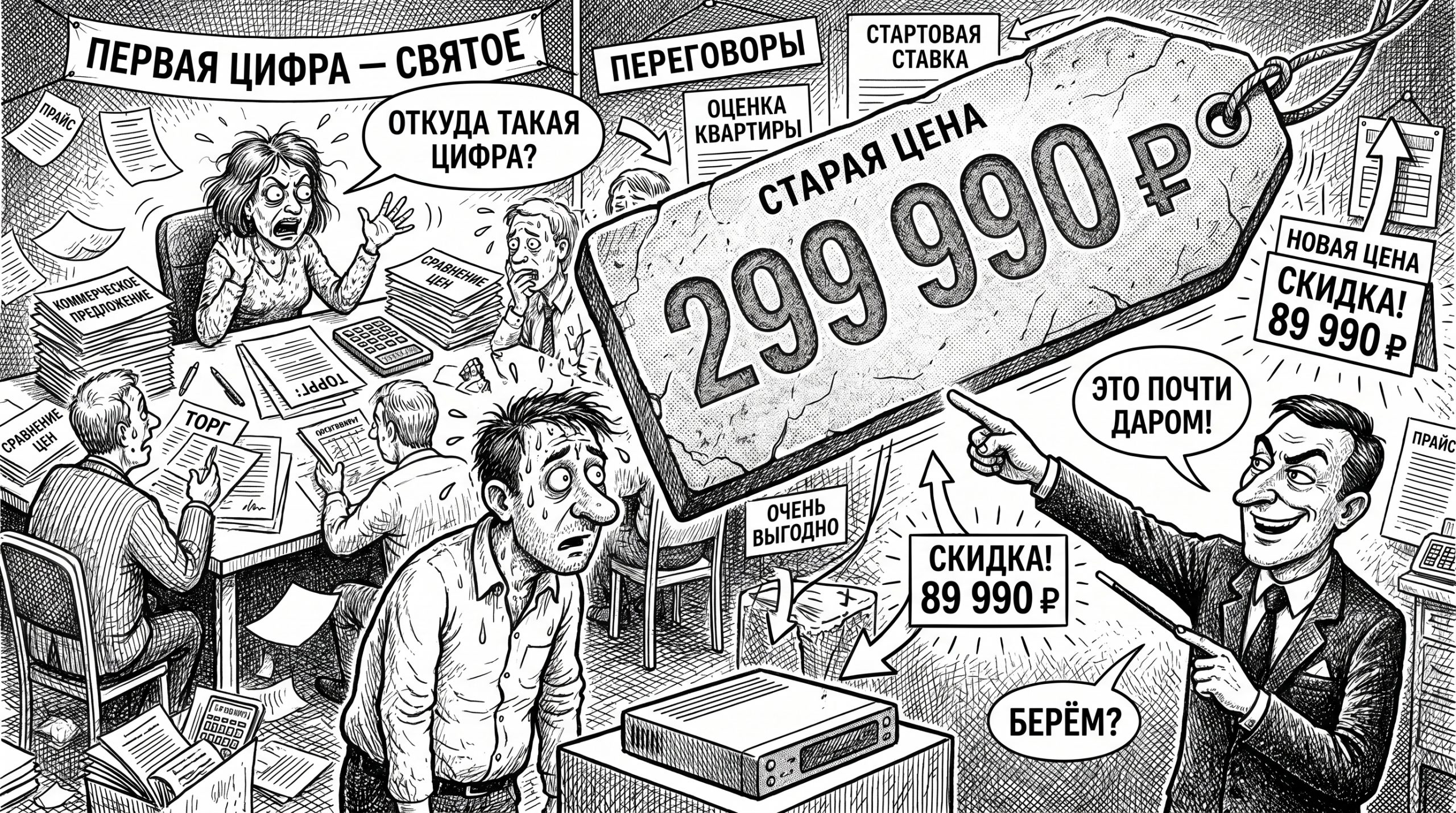 Карикатура о том, как эффект якоря заставляет верить в выгодность второй цены после завышенной первой