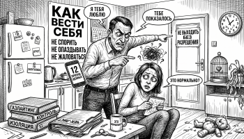 Мужчина контролирует женщину дома, вокруг записки про газлайтинг и контроль, тема эмоционального абьюза