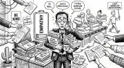 Карикатура о том, как добрый человек тонет в чужих просьбах и получает эмпатическое выгорание