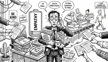 Карикатура о том, как добрый человек тонет в чужих просьбах и получает эмпатическое выгорание
