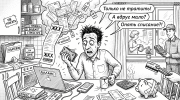 Человек в панике за кухонным столом среди счетов, кошелька и надписей о тратах — финансовая тревога