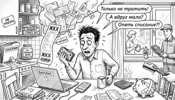 Человек в панике за кухонным столом среди счетов, кошелька и надписей о тратах — финансовая тревога