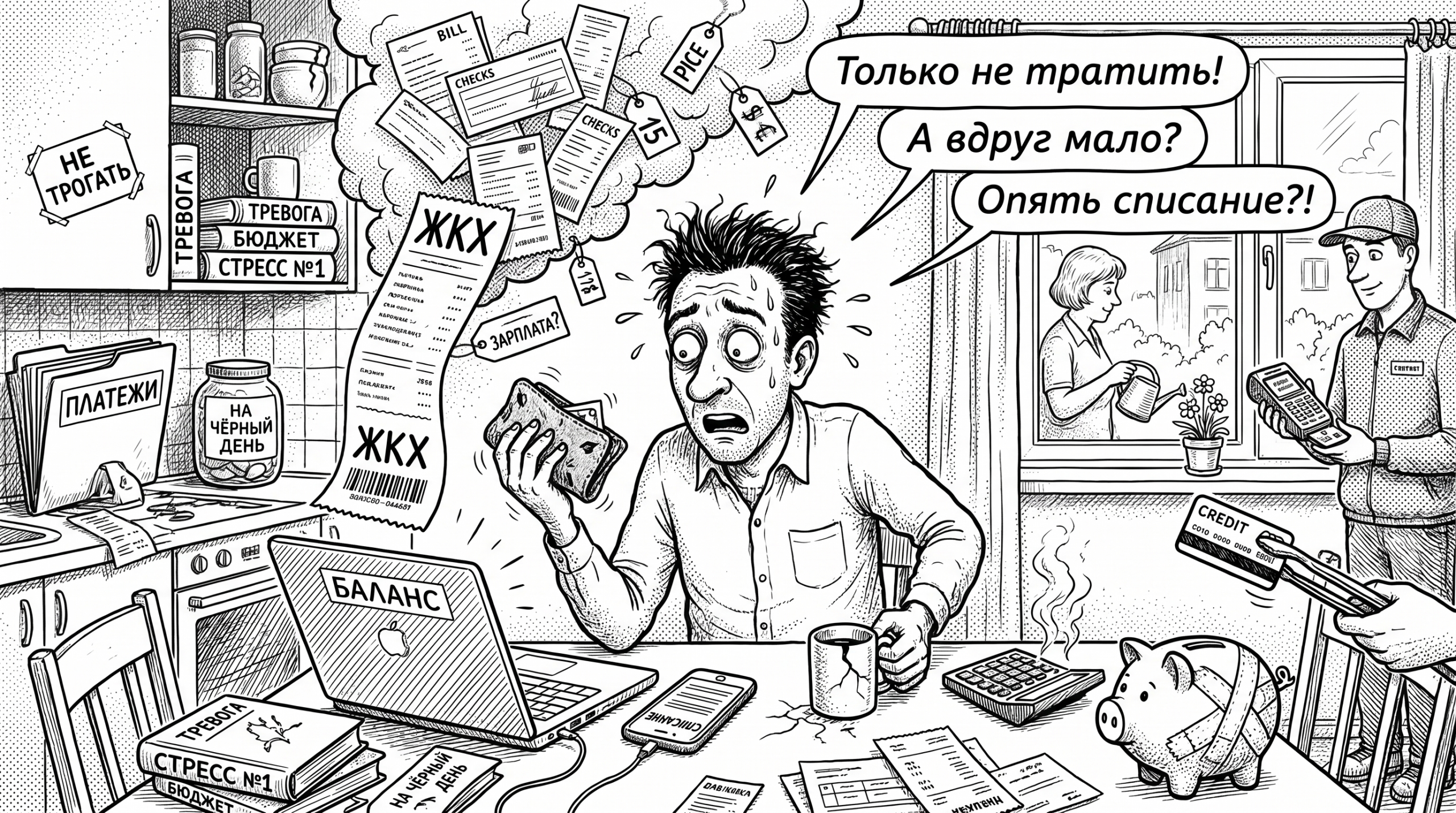 Человек в панике за кухонным столом среди счетов, кошелька и надписей о тратах — финансовая тревога