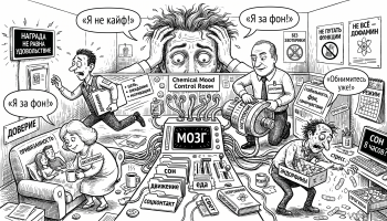 Чёрно-белая карикатура: дофамин, серотонин, окситоцин и эндорфины спорят в диспетчерской мозга