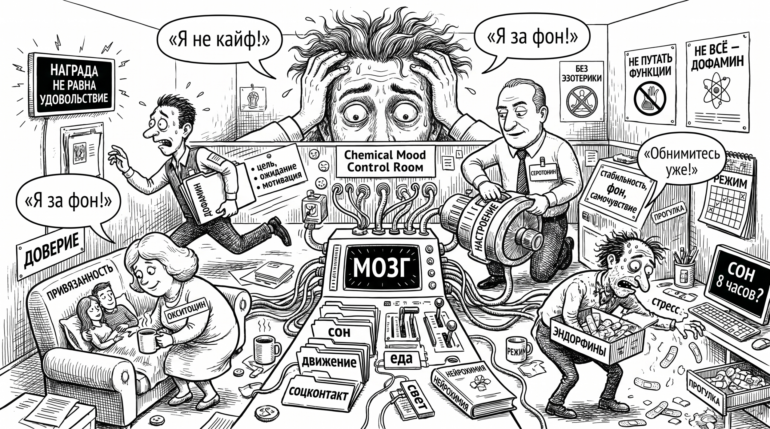 Чёрно-белая карикатура: дофамин, серотонин, окситоцин и эндорфины спорят в диспетчерской мозга