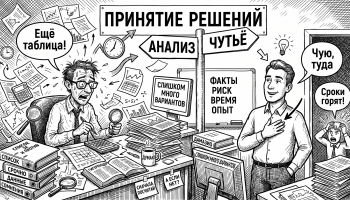 Чёрно-белая карикатура: аналитик тонет в таблицах, а рядом герой выбирает между чутьями и анализом