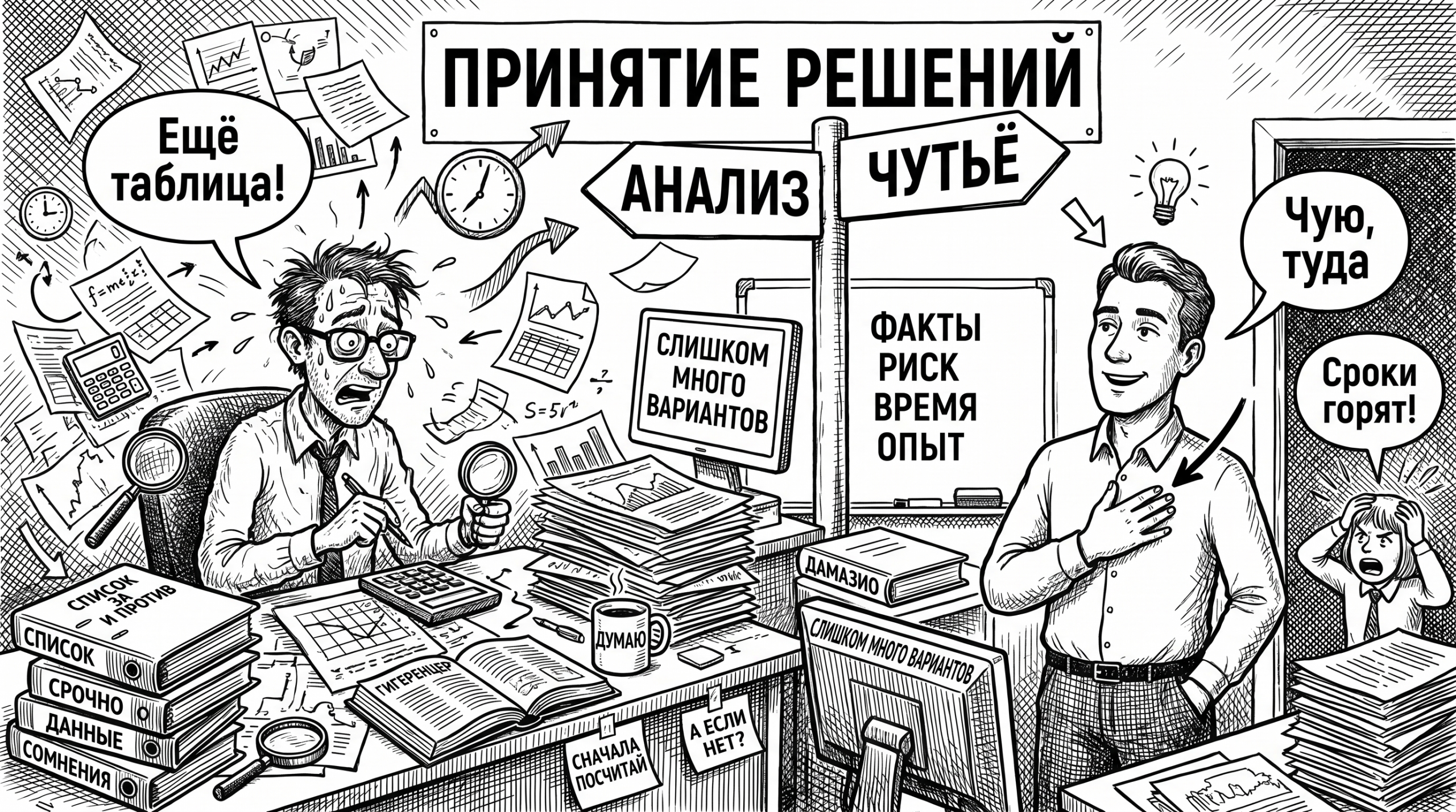 Чёрно-белая карикатура: аналитик тонет в таблицах, а рядом герой выбирает между чутьями и анализом