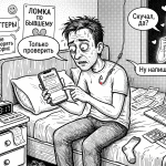 Мужчина после расставания тянется к чату с бывшей как при абстиненции, вокруг надписи про дофамин и привязанность