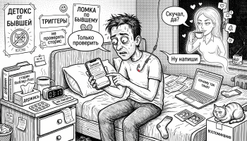 Мужчина после расставания тянется к чату с бывшей как при абстиненции, вокруг надписи про дофамин и привязанность