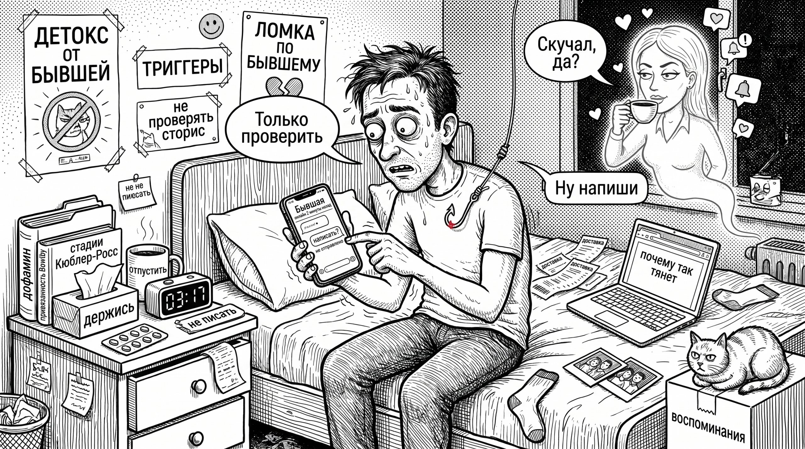 Мужчина после расставания тянется к чату с бывшей как при абстиненции, вокруг надписи про дофамин и привязанность
