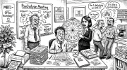 Чёрно-белая карикатура офиса, где MBTI используют как гороскоп и спорят о психотипах