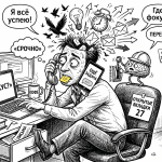 Карикатурный офисный работник пытается делать много дел сразу, показывая тему: многозадачность — ложь