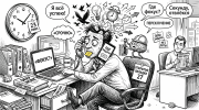 Карикатурный офисный работник пытается делать много дел сразу, показывая тему: многозадачность — ложь
