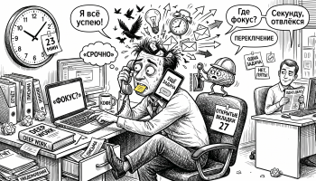 Карикатурный офисный работник пытается делать много дел сразу, показывая тему: многозадачность — ложь