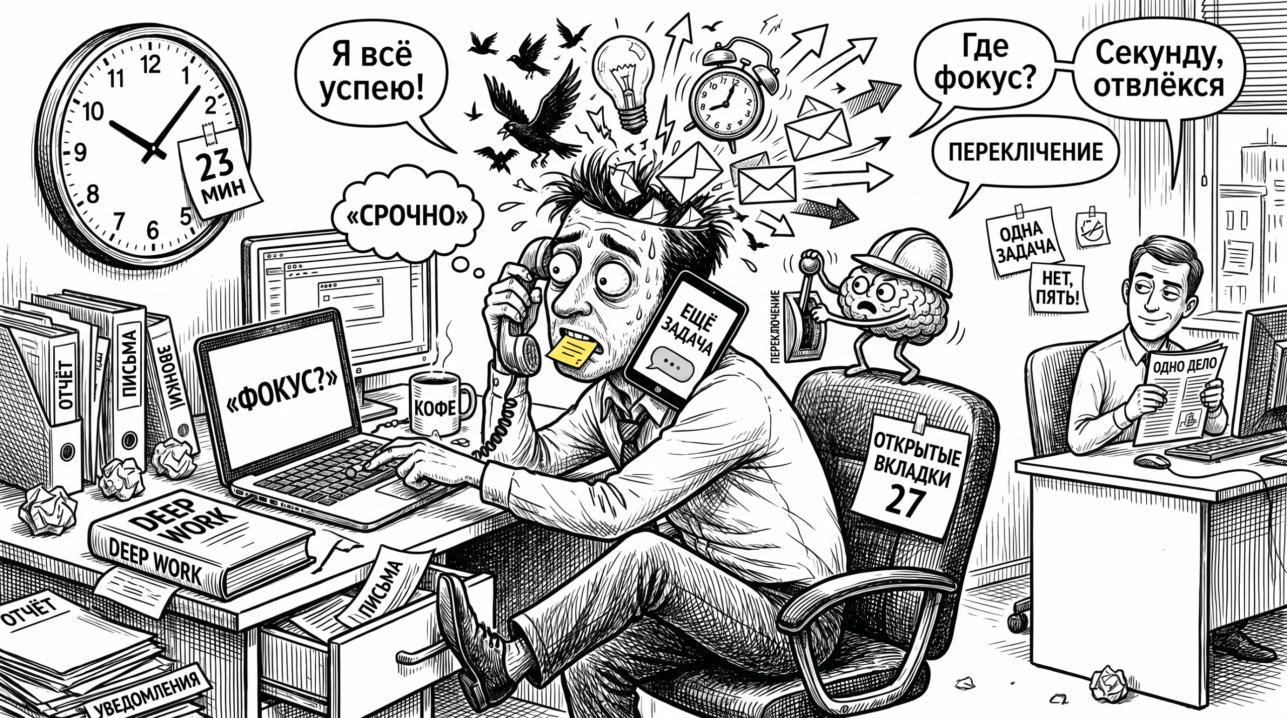 Карикатурный офисный работник пытается делать много дел сразу, показывая тему: многозадачность — ложь