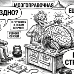 Пожилому мужчине в мастерской чинят мозг с ярлыками навыков; тема — нейропластичность после 50