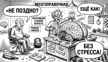 Пожилому мужчине в мастерской чинят мозг с ярлыками навыков; тема — нейропластичность после 50
