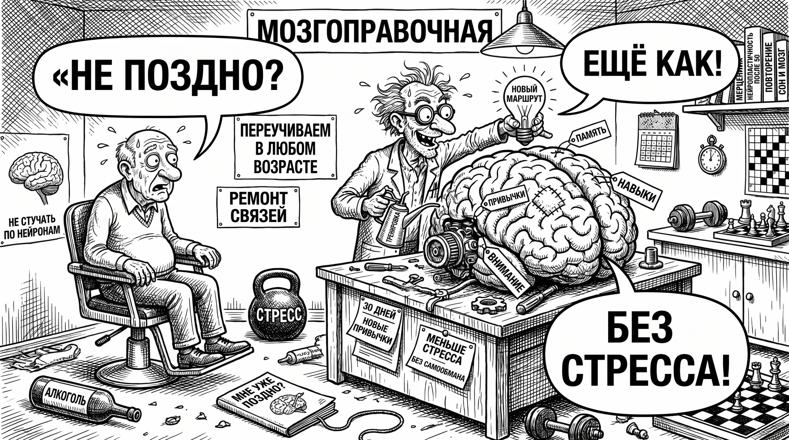 Пожилому мужчине в мастерской чинят мозг с ярлыками навыков; тема — нейропластичность после 50