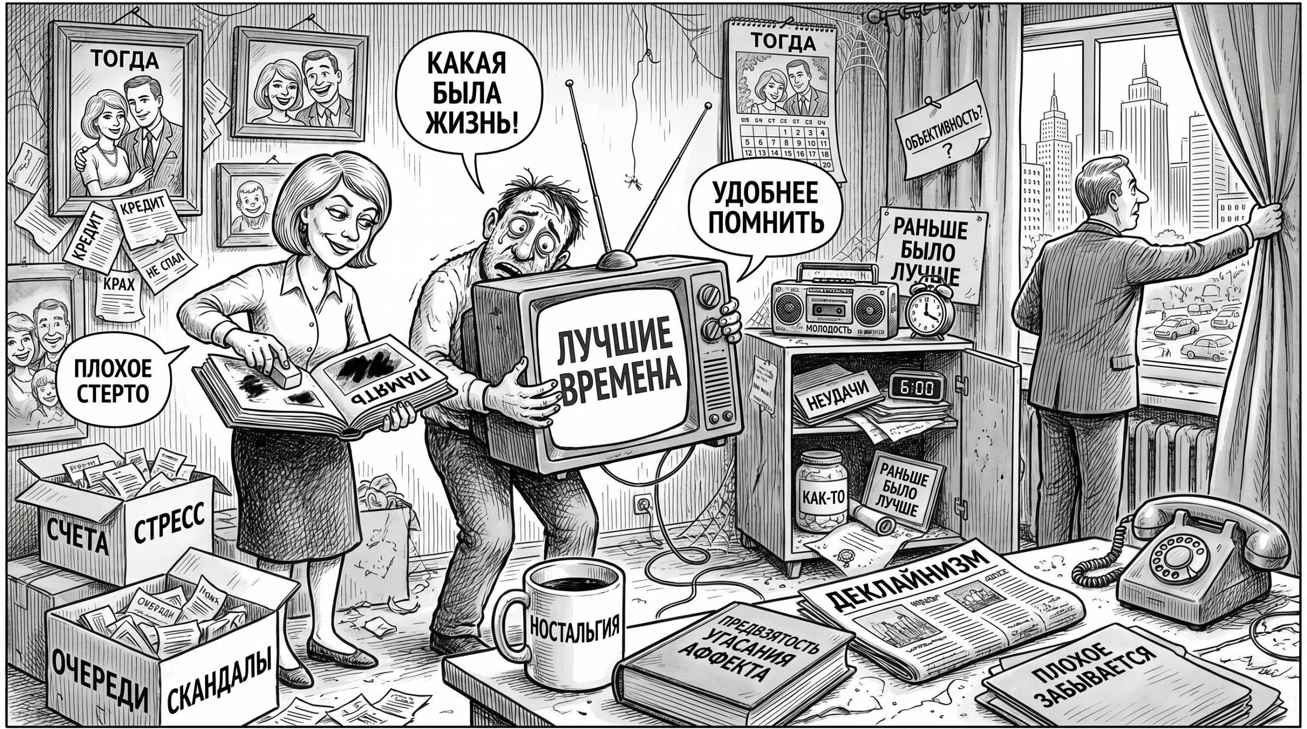 Мужчина идеализирует прошлое среди старых вещей, пока женщина стирает плохие воспоминания — ностальгия как иллюзия