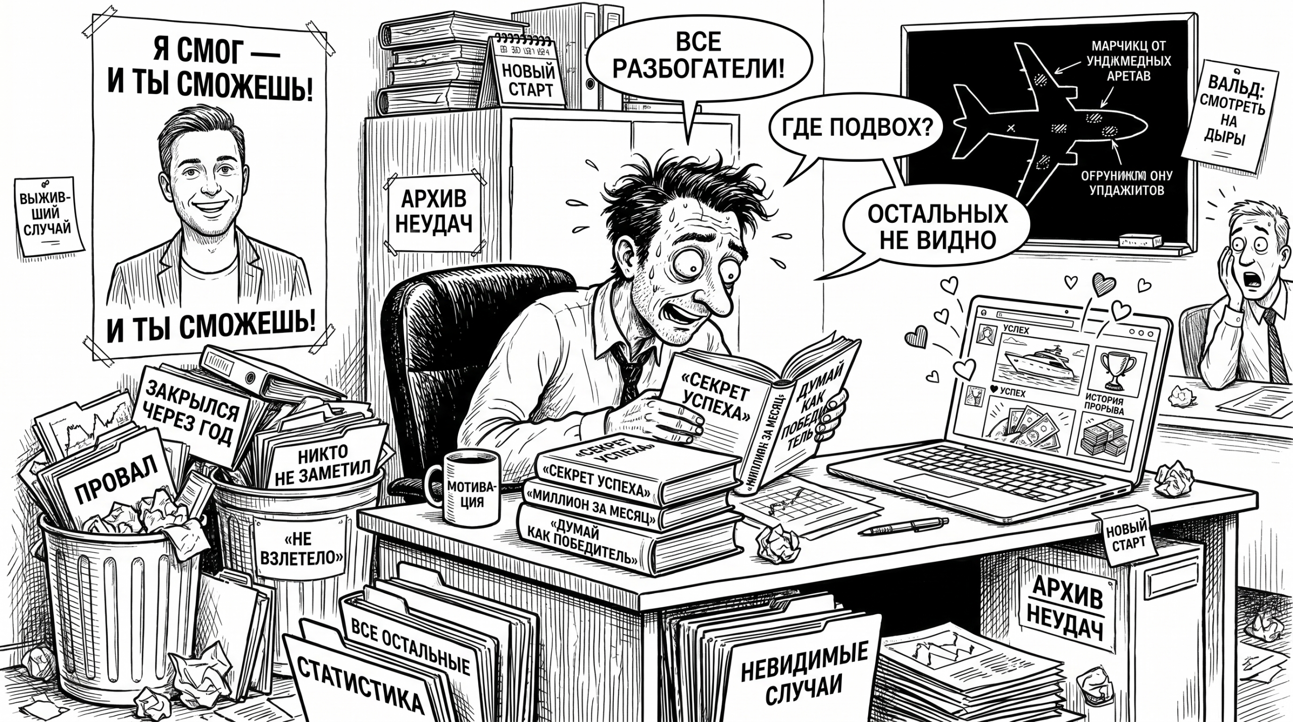 Карикатура: мужчина верит историям успеха, игнорируя провалы позади, тема — ошибка выжившего